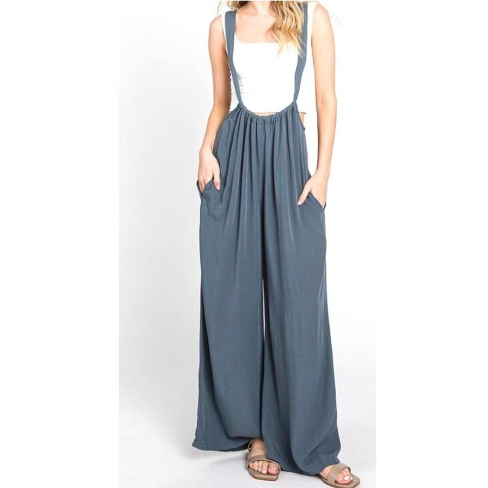 Final Touch Womens Wide Leg Jumpsuit Blue Gray Rayon Blend Size S JU17315B